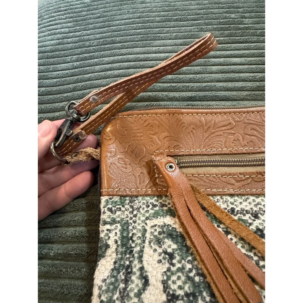 Myra Bag‎ Leather Tooled Canvas Clutch Wristlet Tassel Zipper Pouch Boho
